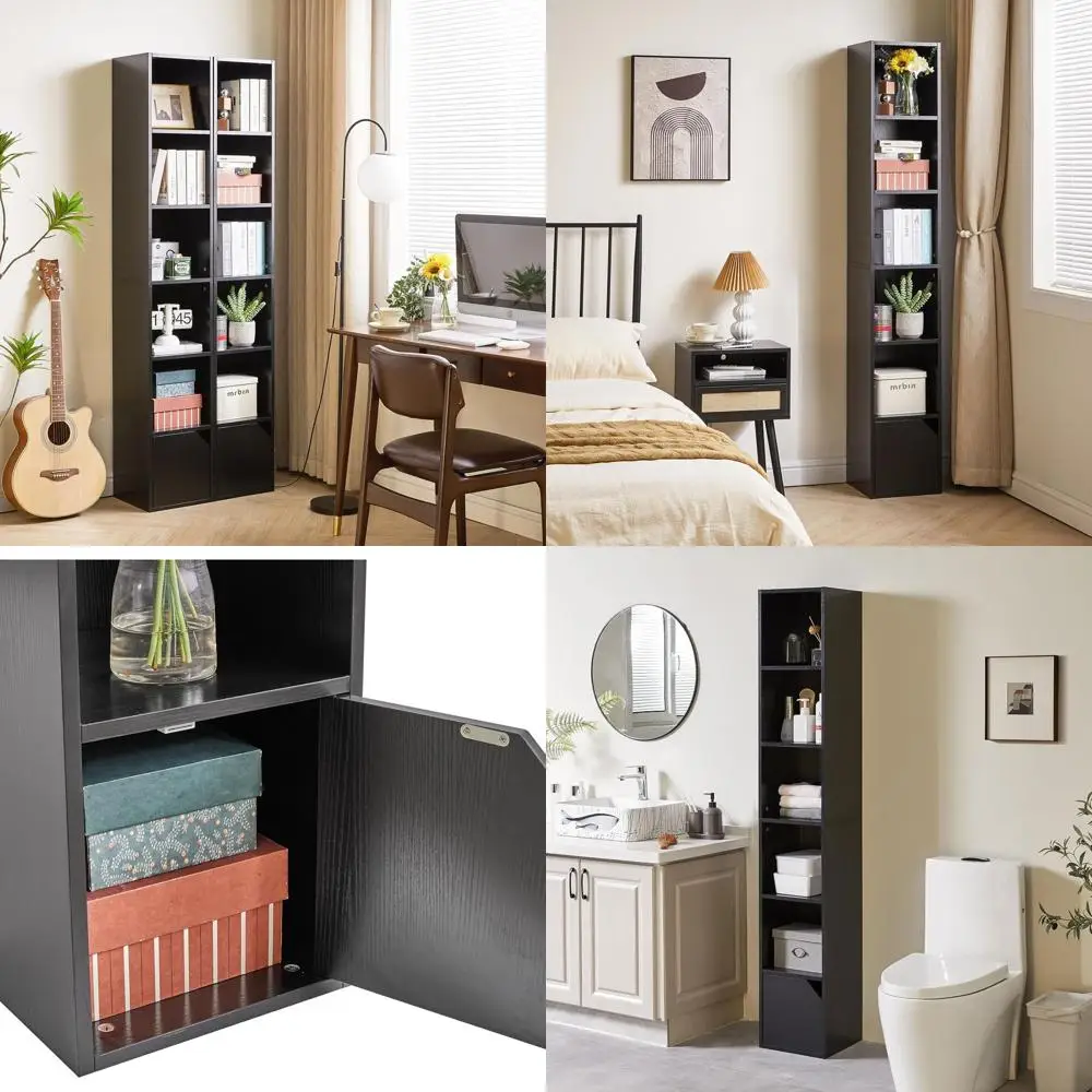 

Compact 6-Tier Bookshelf with Doors, CD/DVD Storage Cabinet, Space-Saving Media Tower, Black Display Shelf for Home Office, UWBC