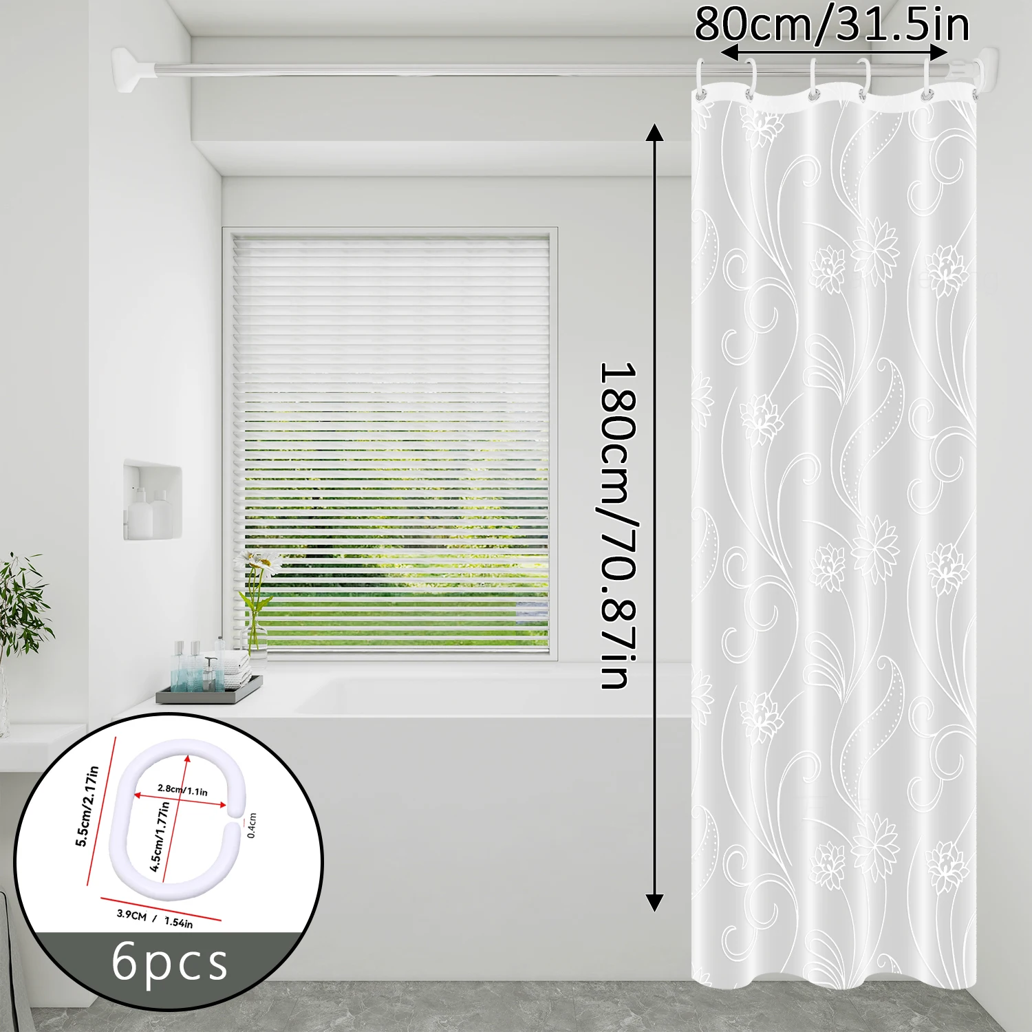 1pc White Lotus Floral Shower Curtain with Hooks, Personalized Waterproof PEVA Design