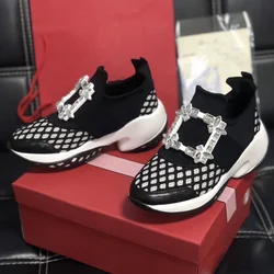 Womens Mesh Breathable Square Diamond Decor Sneakers Buckle Real Leather Casual Clunky Dorky Dad Shoes 5colorsNew 2024