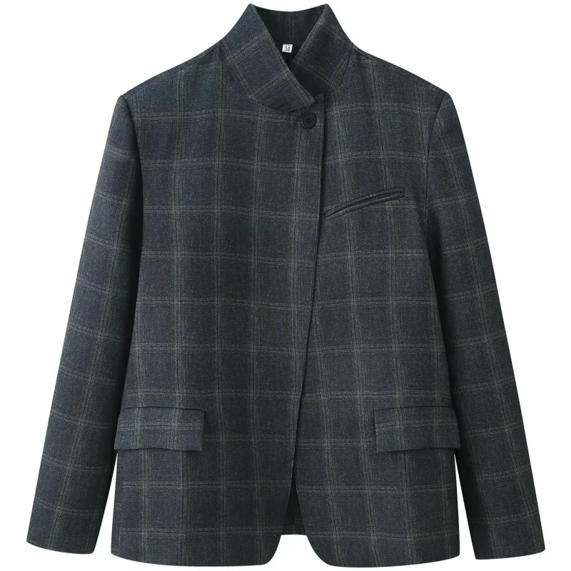 

Мужской повседневный деловой пиджак в клетку с воротником-стойкой, универсальный, с длинным рукавом, высокого качества, для бизнеса и повседневной носки, универсальный, стильный