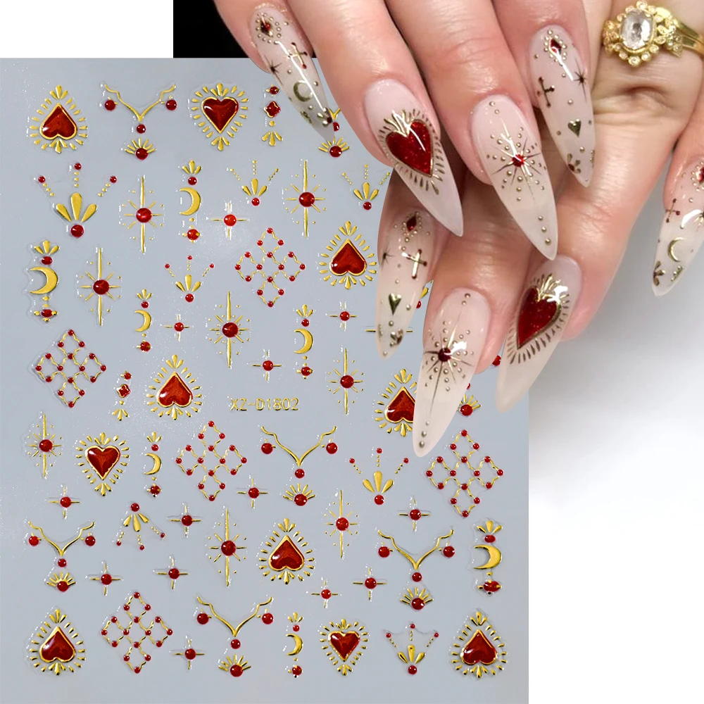 1Pc Red Gem Love Heart Nail Art Sticker Gold Sun Moon Star Adhesive Decals Y2K Holographic Starlight Sliders Manicure Decoration