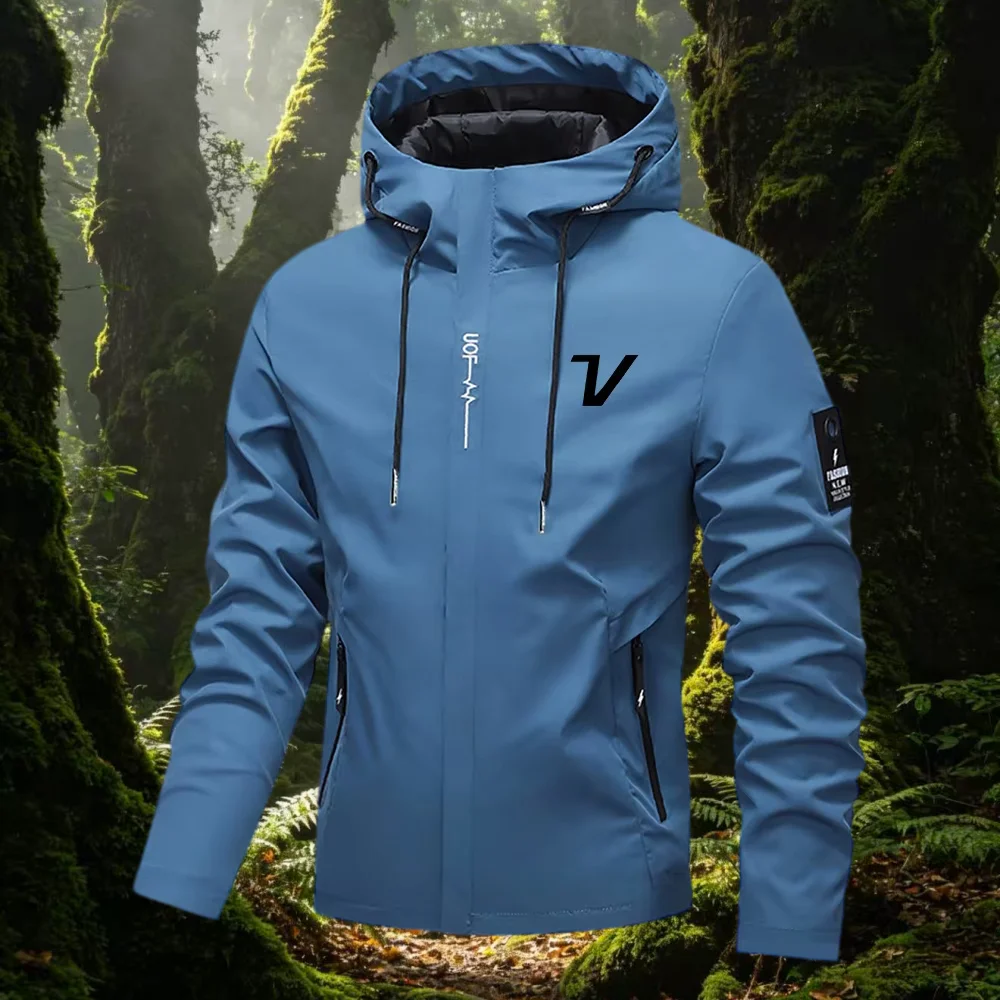 Luxury men clothing brand outdoor sports windproof hooded pocket jacket autumn exquisite printed zipper walking casual outerwear