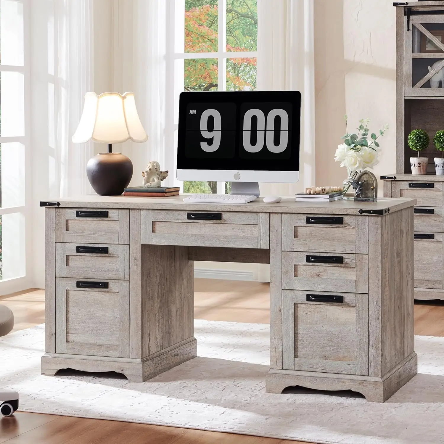 

60" Farmhouse Executive Desk with Drawers Wood Home Office Desk with Charging Station, Keyboard Tray File Drawer Storage Cabinet