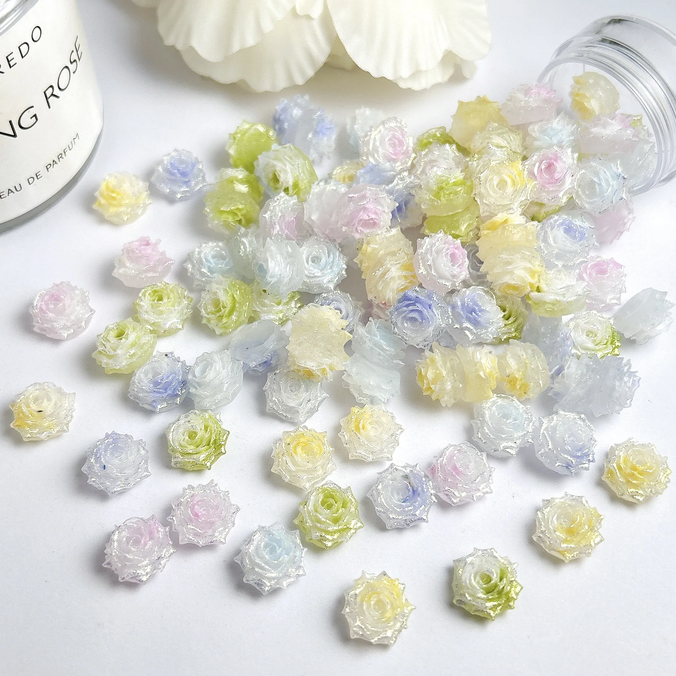 Dijes para decoración de uñas de resina rosa de Color sólido de ensueño, flores suaves y brillantes 3D, decoraciones para uñas, diseños de uñas de hadas DIY