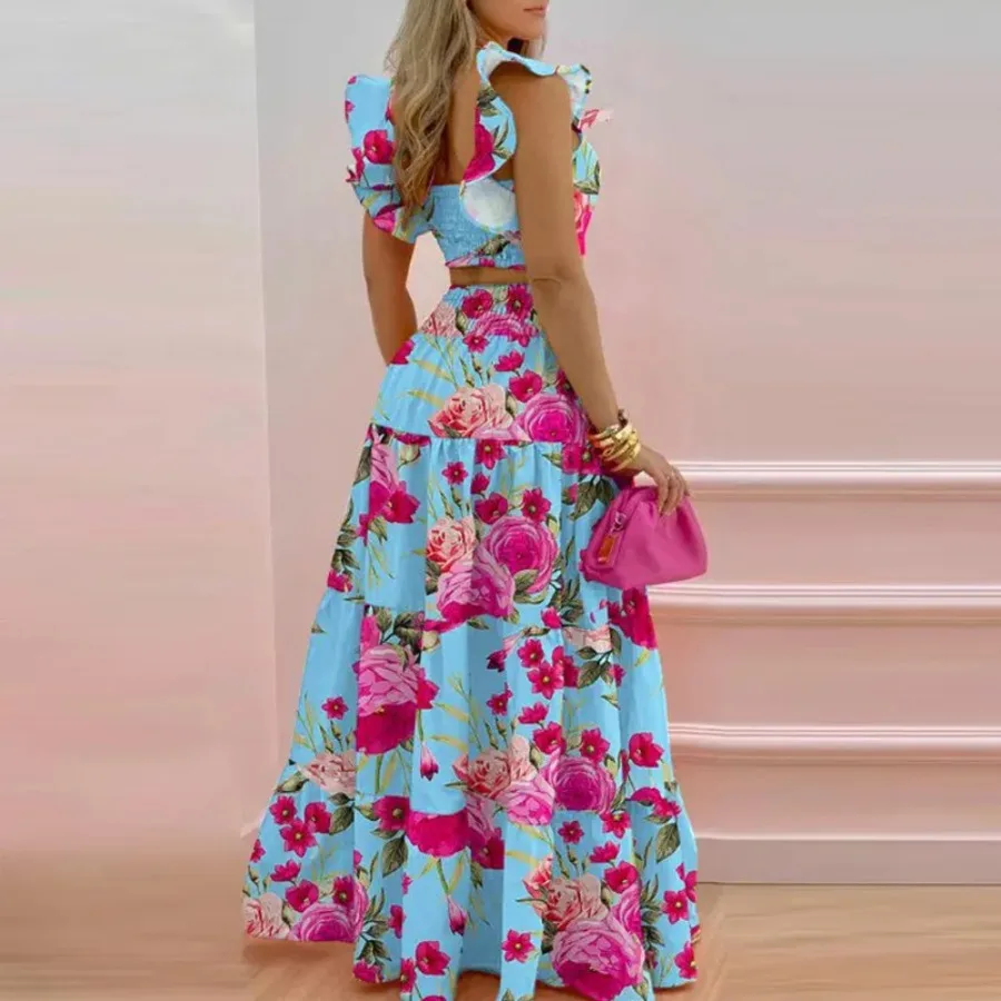 Two Piece Skirt Sets Women Print Dot Ruffles A Line Long Skirts High Waist Casual Half Sleeve Tops Suits Elegant Lady 2024