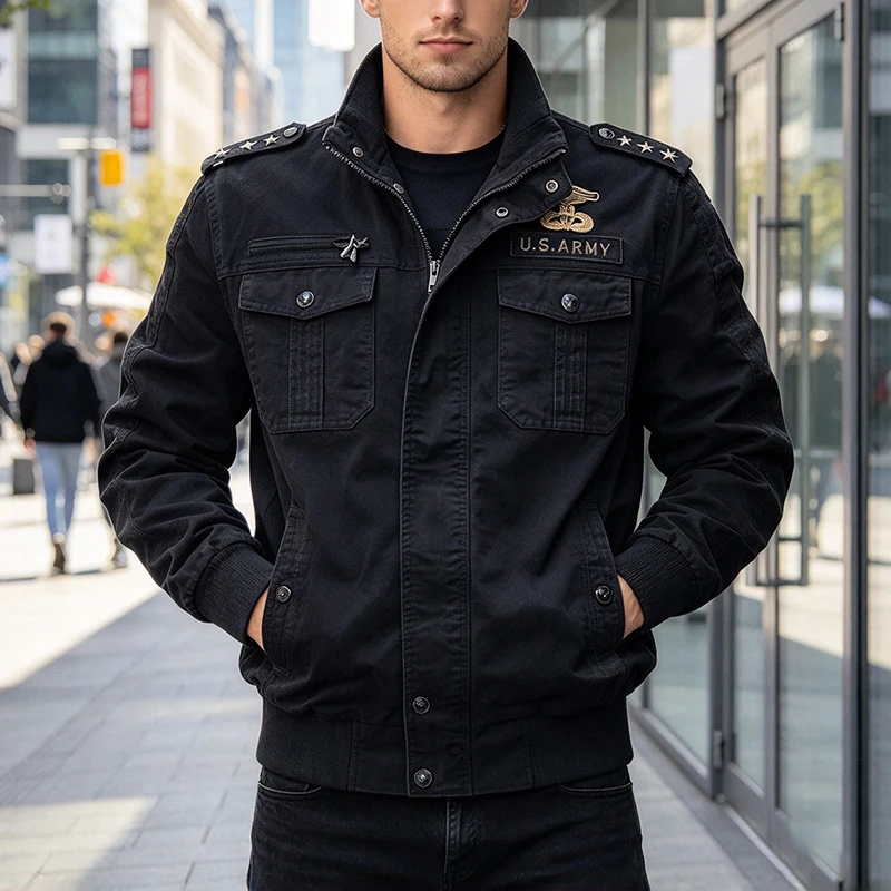 Daily Outdoor Multi Pocket Cargo Coats Mens 2026 Autumn Solid Color Jacket For Male Streetwear Vintage Stand Collar Outerwear
