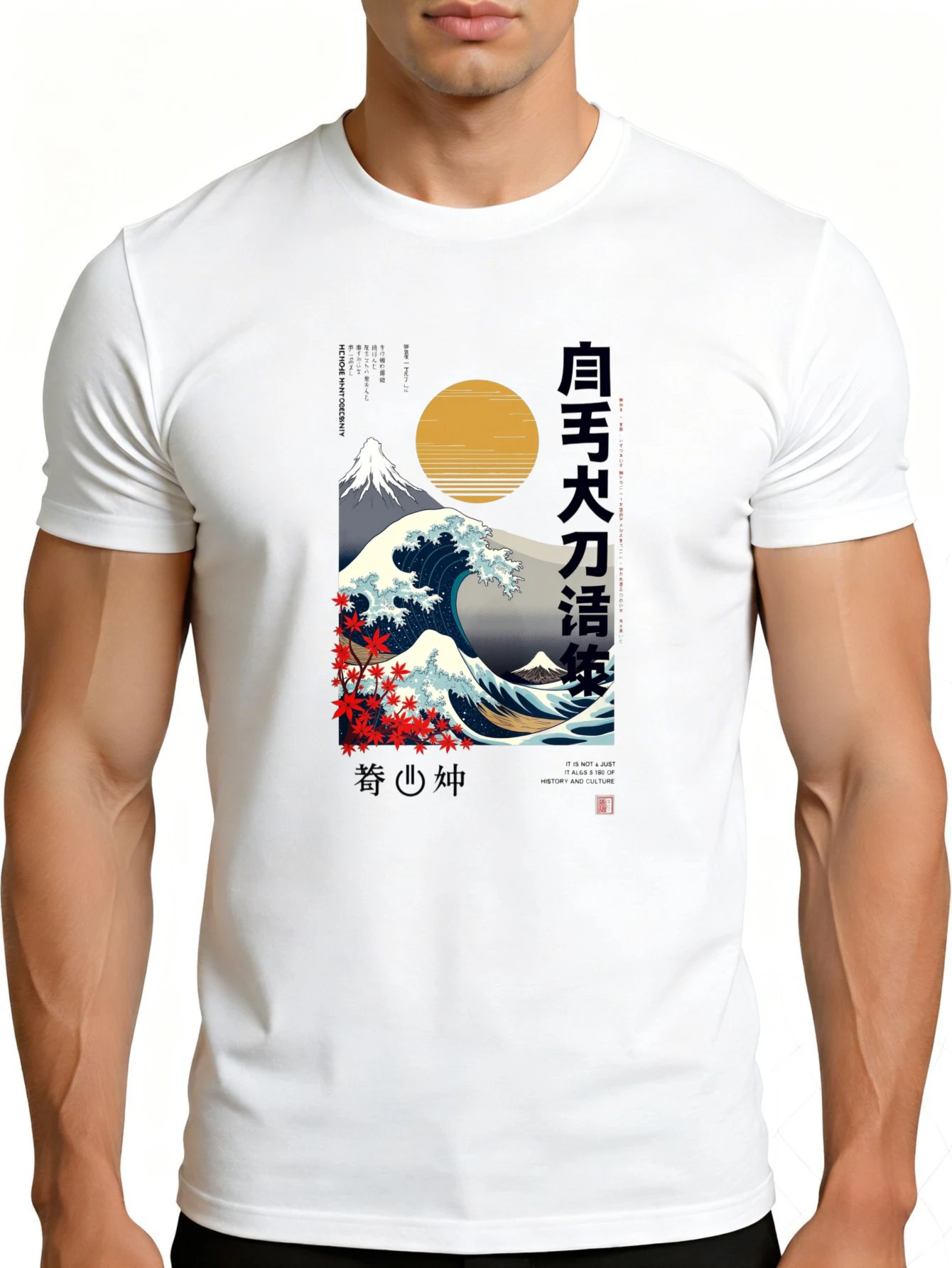 Japanese-Style Artistic Men's T-Shirt with Wave and Mountain Design, Summer Casual Wear for Men