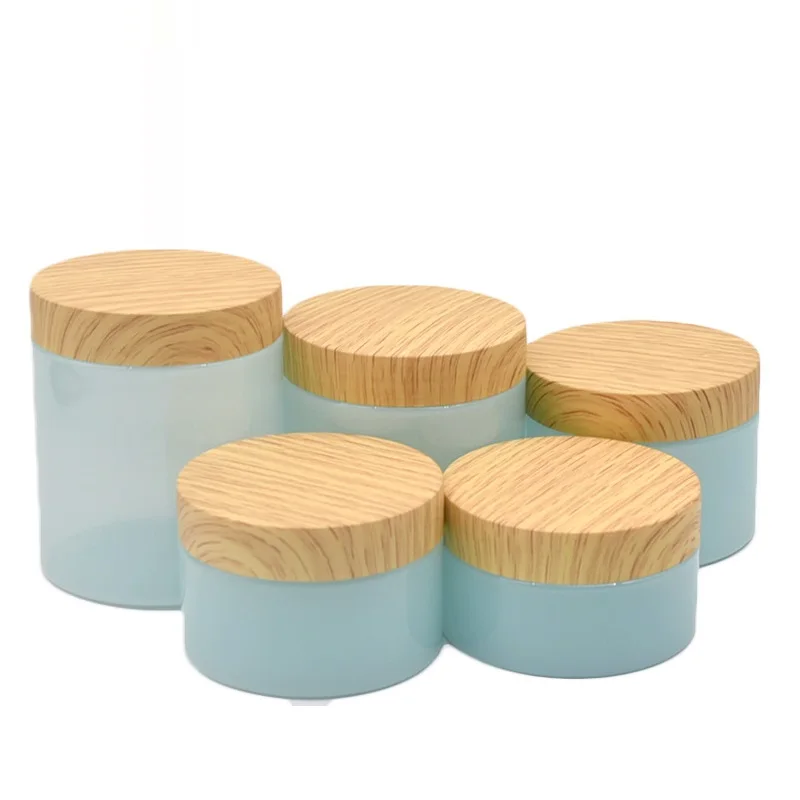 22pcs/lot Plastic Face Cream Bottle 100/120/150/200/250g False Wood Lid Cosmetics Semi Clear Blue Container Packing Skincare Jar