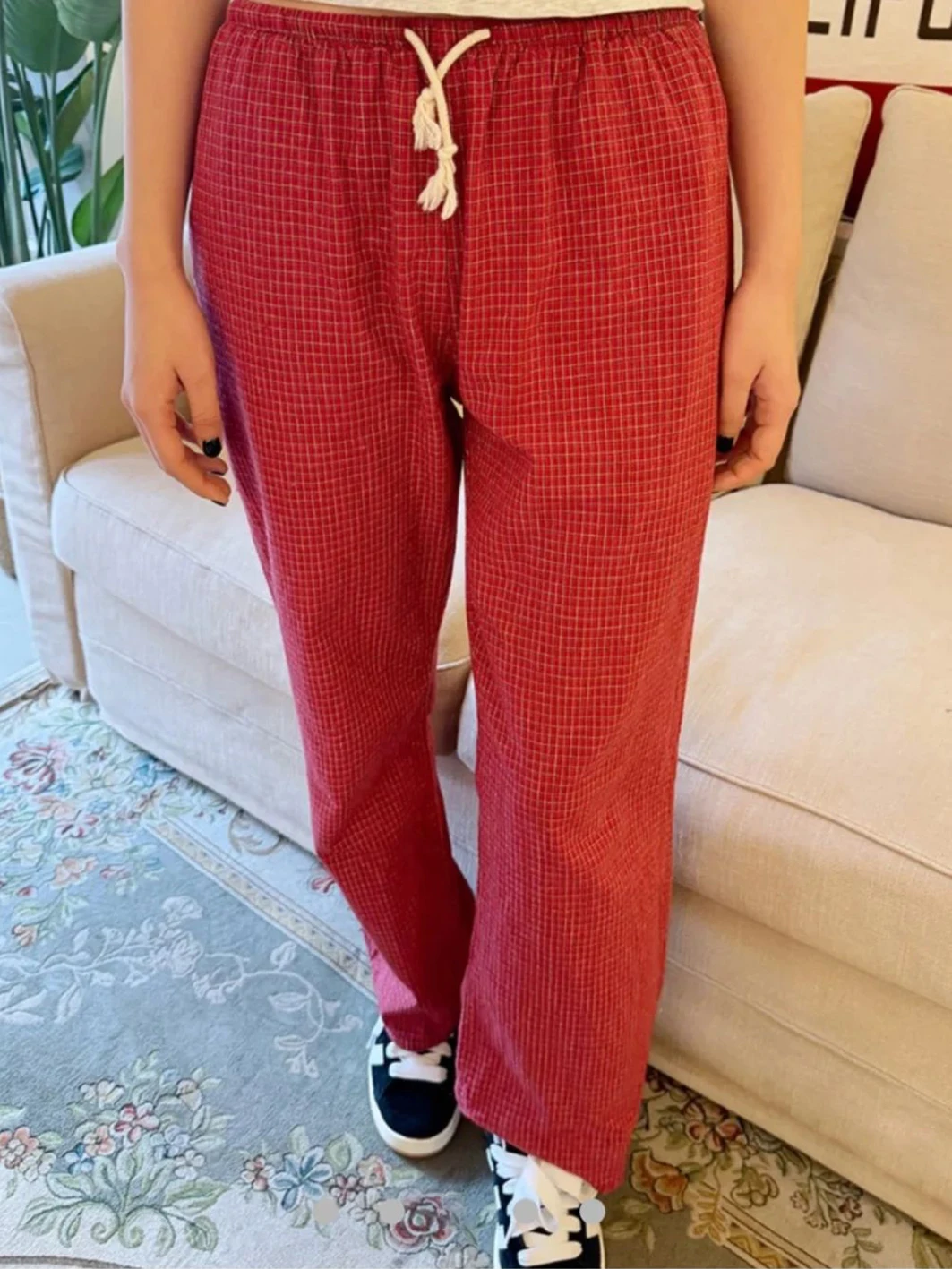 

New Plaid Red Straight Long Pant Woman Spring Drawstring High Waist Cotton Casual Sweet Trousers Female Graphic Vintage Pants