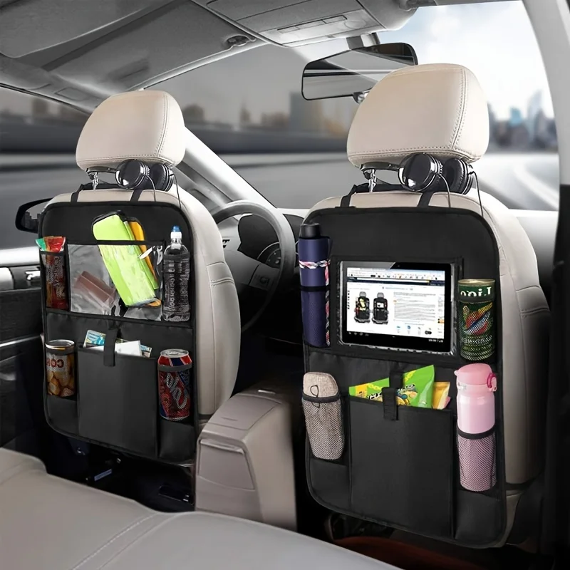 Aufbewahrungstasche für den Auto-Rücksitz, Aufbewahrungstasche aus Oxford-Stoff mit Touchscreen-Tablet-Halter, langlebiger Kick-Pad-Rücksitzschutz, allgemeines Auto-Reisezubehör (Hose mit großer
