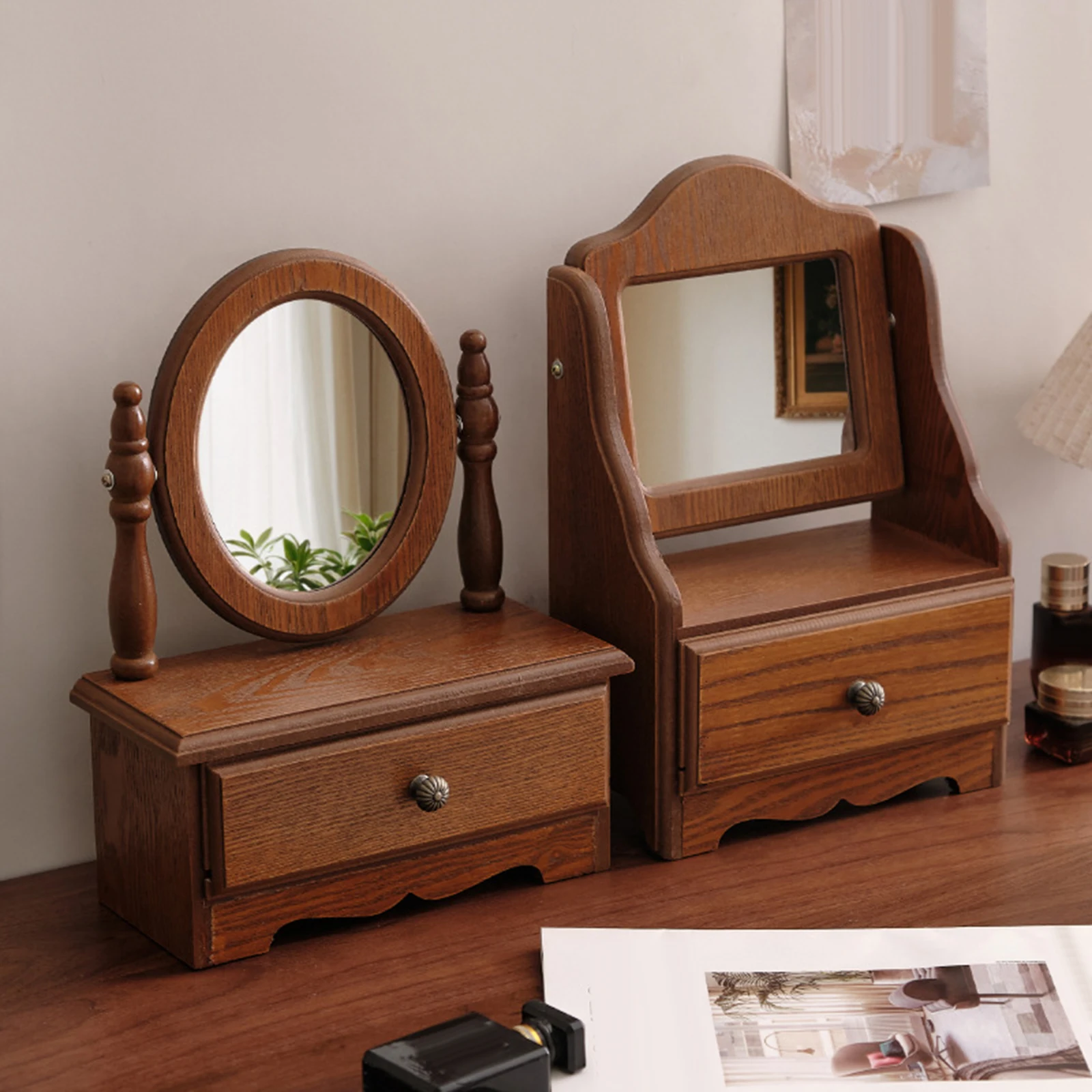 

Wood Desk Makeup Mirror Storage Countertop Mirror Vintage Wooden Table Top Vanity Mirror with Drawer for Bedroom Bathroom Women