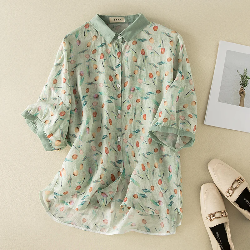 가볍고 통기성 좋은 면 린넨 또는 프린트 여성 여름 루즈 슬림핏 5버튼 네오프렌 탑