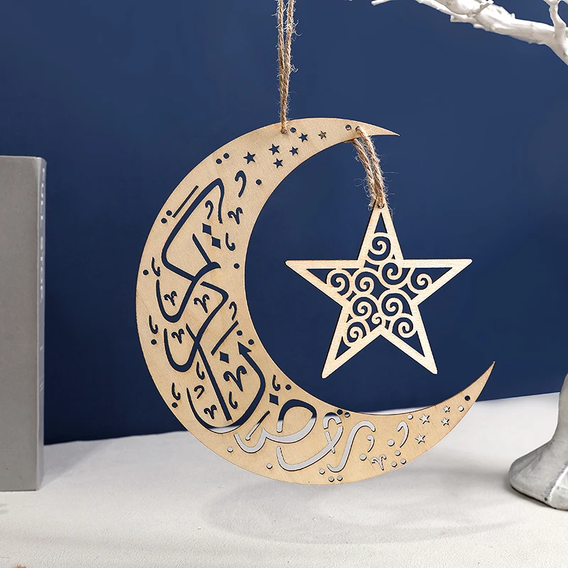 Eid Mubarak Wooden Ornament Hollow Moon Star Hanging Pendant Islamic Muslin Home Decoation Supplies Ramadan Kareem Decorations