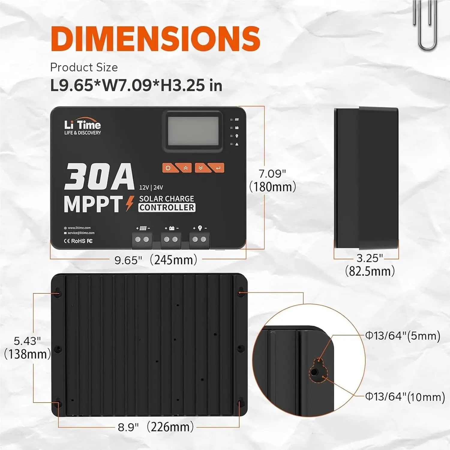 30 Amp MPPT 12V/24V/Auto DC Input Solar Charge Controller Build-in Bluetooth Module, Parameter Adjustable LCD Display