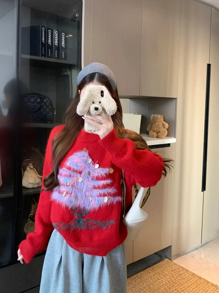 

Sweet Loose round Ne Long Sve Knitted Sweater Women's Faionable Red Yarn Spun Spring New Sle Casual Comfortable Top