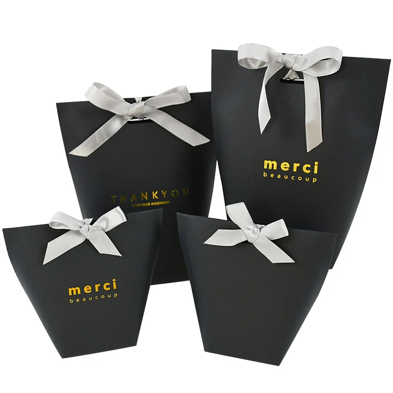 5pieces Kraft Paper Box “Merci” Bronzing Letter Printing Bow Ribbon Birthday Wedding Party Baby Shower Gift Packaging Candy  Box