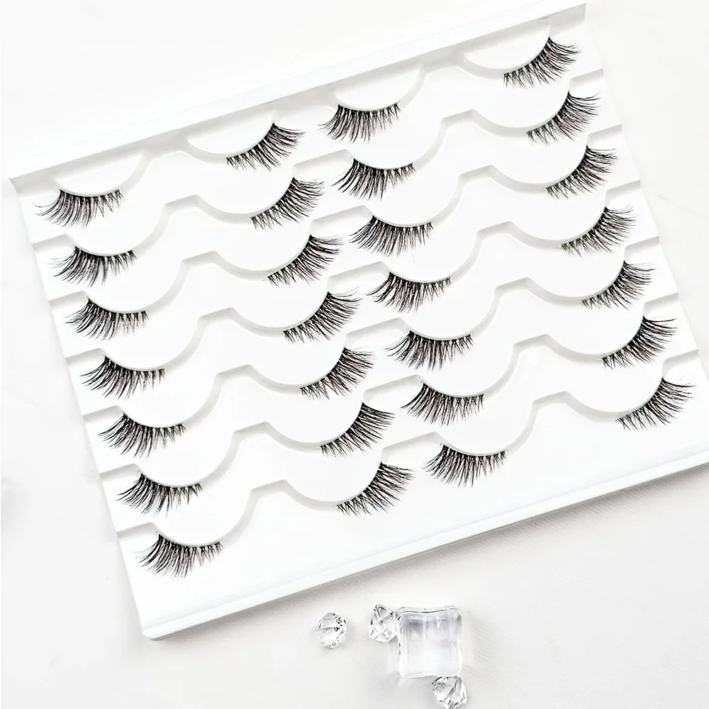 Natürlicher, kurzer Look, transparentes Band, falsche Wimpern mit Katzenaugen-Akzent, 14 Paar im Kombipack, bequemes, unsichtbares Wimpernband für Damen-Make-up – Detail 6