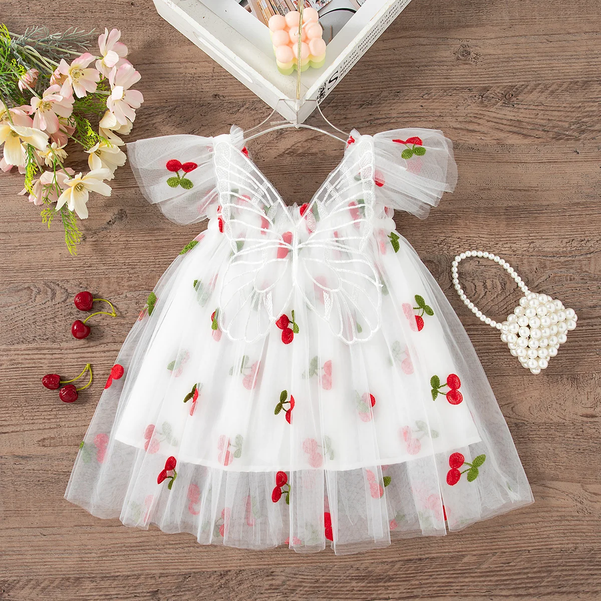 Summer New Girls\' Dress Halter Small Flying Sleeve Embroidery Pattern Wings Sweet Princess Dress Mesh Princess Dress