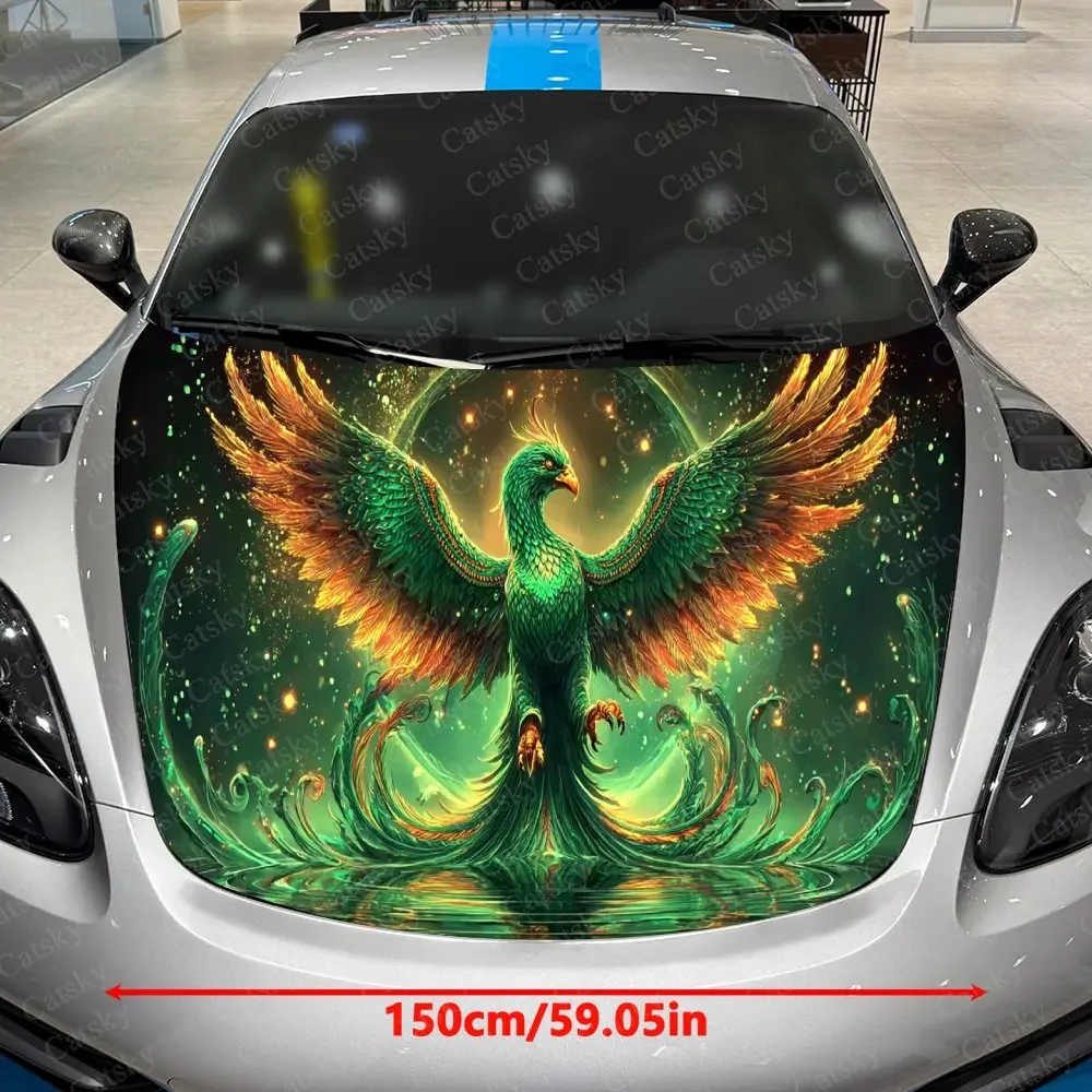 Gold-Tailed Green Phoenix Car Vinyl Wrap, PVC Waterproof Car Hood Sticker, Self-Adhesive Scratch-Resistant Stickers