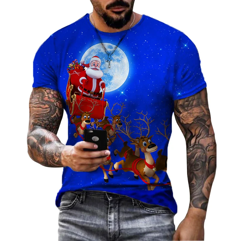 Santa Claus Pattern Men\'s T-shirt Elk Print Man Short Sleeve Merry Christmas T Shirts Casual Loose O-Neck Tee Tops Streetwear