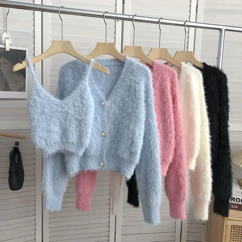 Mink Cashmere Camisole Tops Fashion Fleece Short Pink Cardigan Knitted Coat Pull Sueter White Sweaters for Women 2 Sets V1474