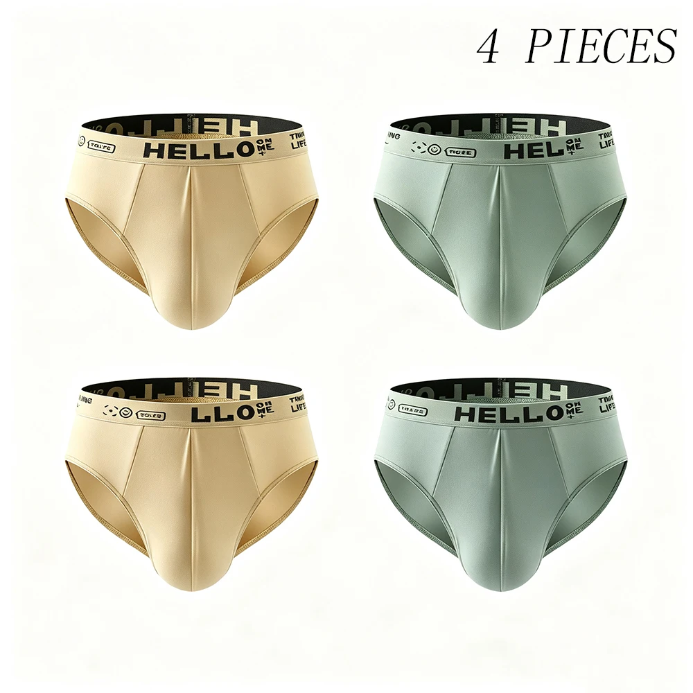 Hello 4-Piece Milk Silk Men's Briefs Seamless Breathable Quick Dry with Graphic Waistband Comfort Underwear Set