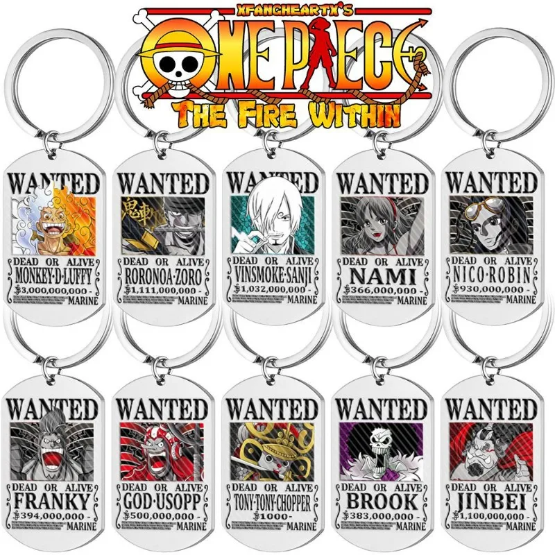 

Anime peripheral One Piece pendant color printing titanium steel key chain Luffy Sauron One Piece wanted warrant accessories