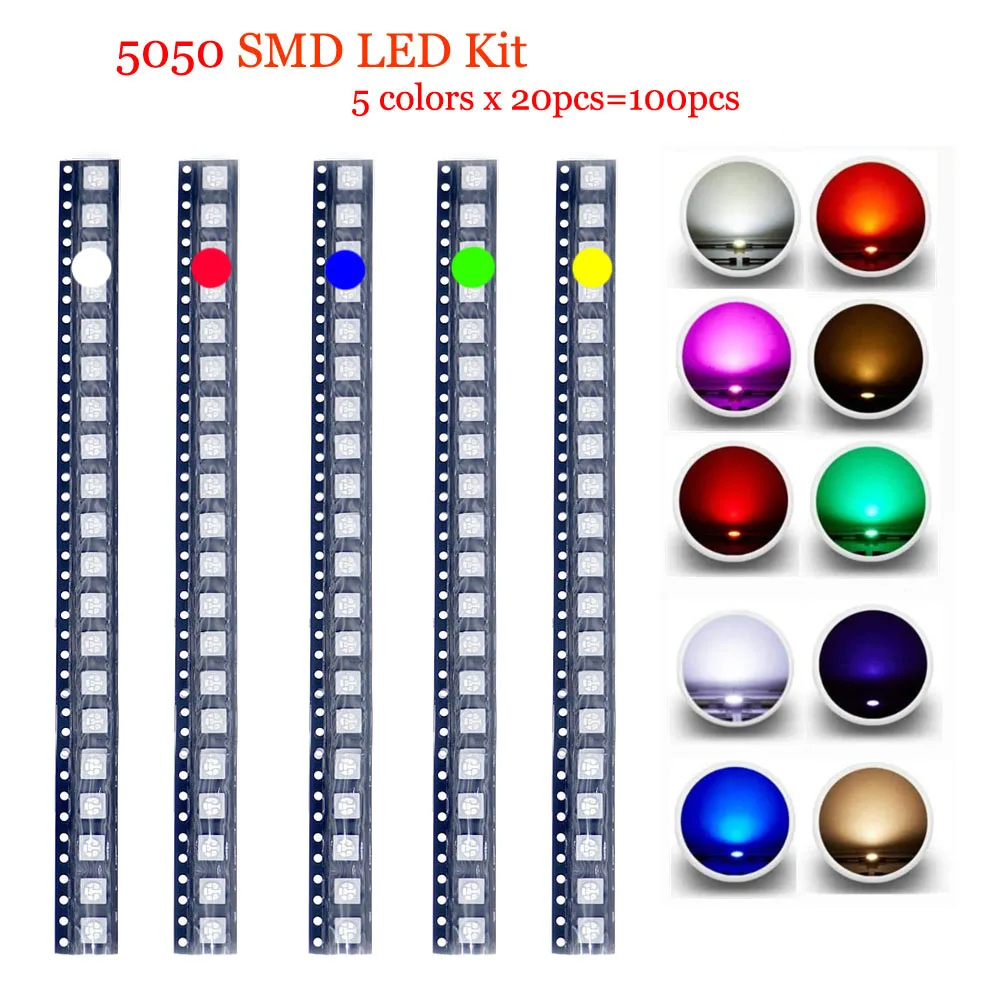 100pcs 5050 (2020) SMD LED Emitting Diode Lamp Chip Warm Cool White Red Green Blue Yellow Orange UV Pink SMT Light Beads kit