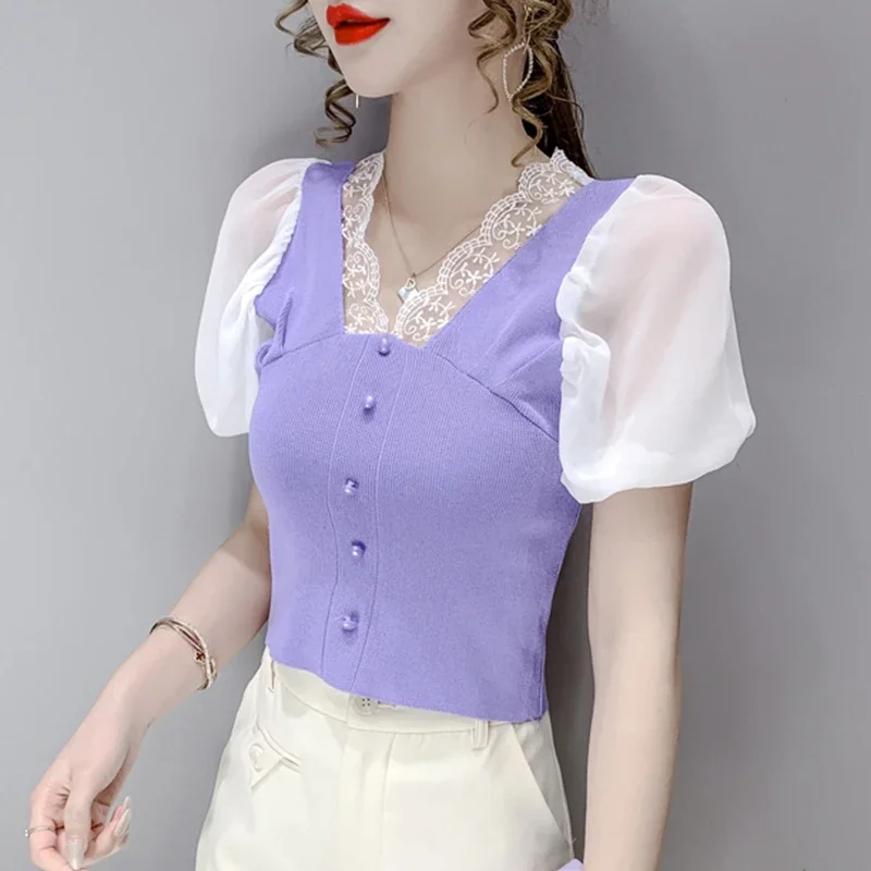 Women Sexy Crop Tops Summer 2024 Fashion Lace Pathwork V Neck Blusas Mujer Slim Casual Puff Sleeve Black White Corset Blouses