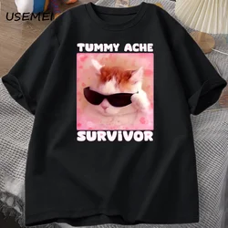 Tummy Ache Survivor Funny Cat Meme T-shirt Men Women Silly Stupid Cat Tee Shirt Men's Short Sleeve T Shirts Cotton Oversized Top