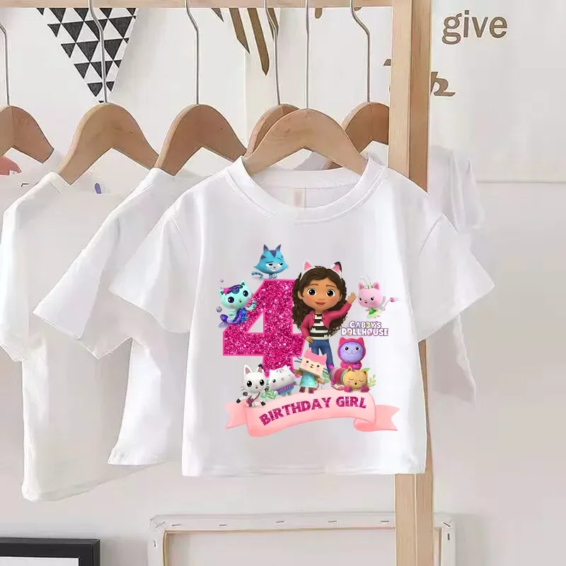Girls White Pink Cotton Short Sleeve T-shirt with Gabby's Dollhouse Birthday Number, Casual Versatile Top for Summer Party