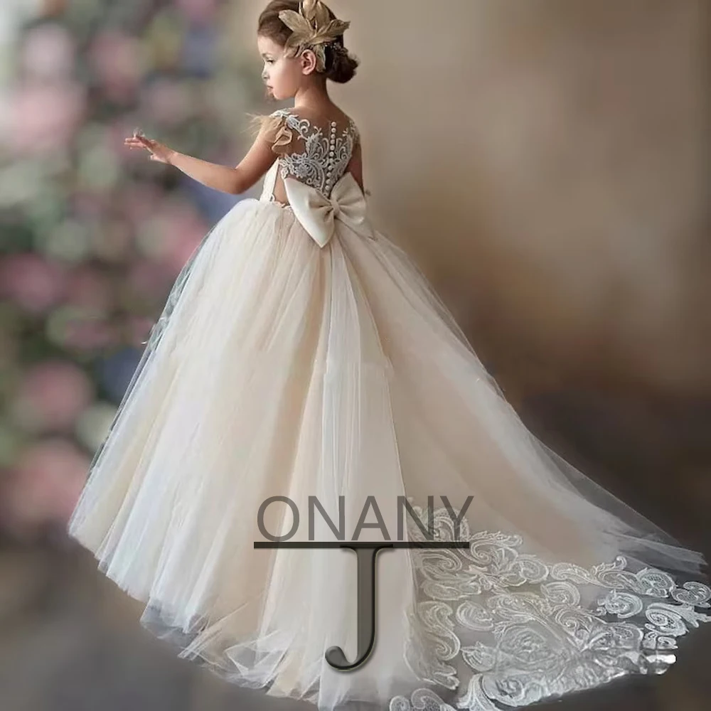 

JONANY Luxury O-Neck Flower Girl Dress Bow Lace Appliques A-Line Illusion Personalised Little Girl Princess Roupas De Florista