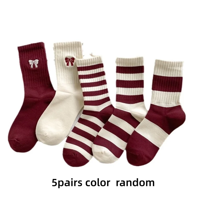 ถุงเท้าลายทางสีแดงแบบสุ่ม 5 คู่, ถุงเท้าสีแดงแองโกร่าสำหรับผู้หญิง, ถุงเท้าความยาวครึ่งน่อง, ถุงเท้ายาวอเนกประสงค์แบบลำลองสีเบอร์กันดีสำหรับฤดูใบไม้ผลิและฤดูใบไม้ร่วง