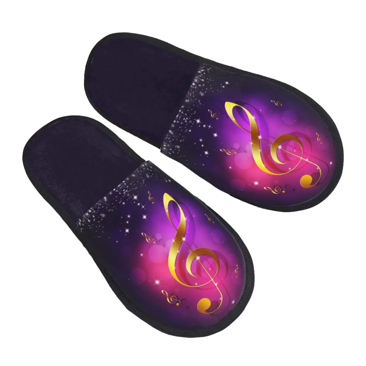 Indoor Gold Music Notes Of Purple Warm Slippers Home Plush Slippers Home Soft Fluffy Slippers