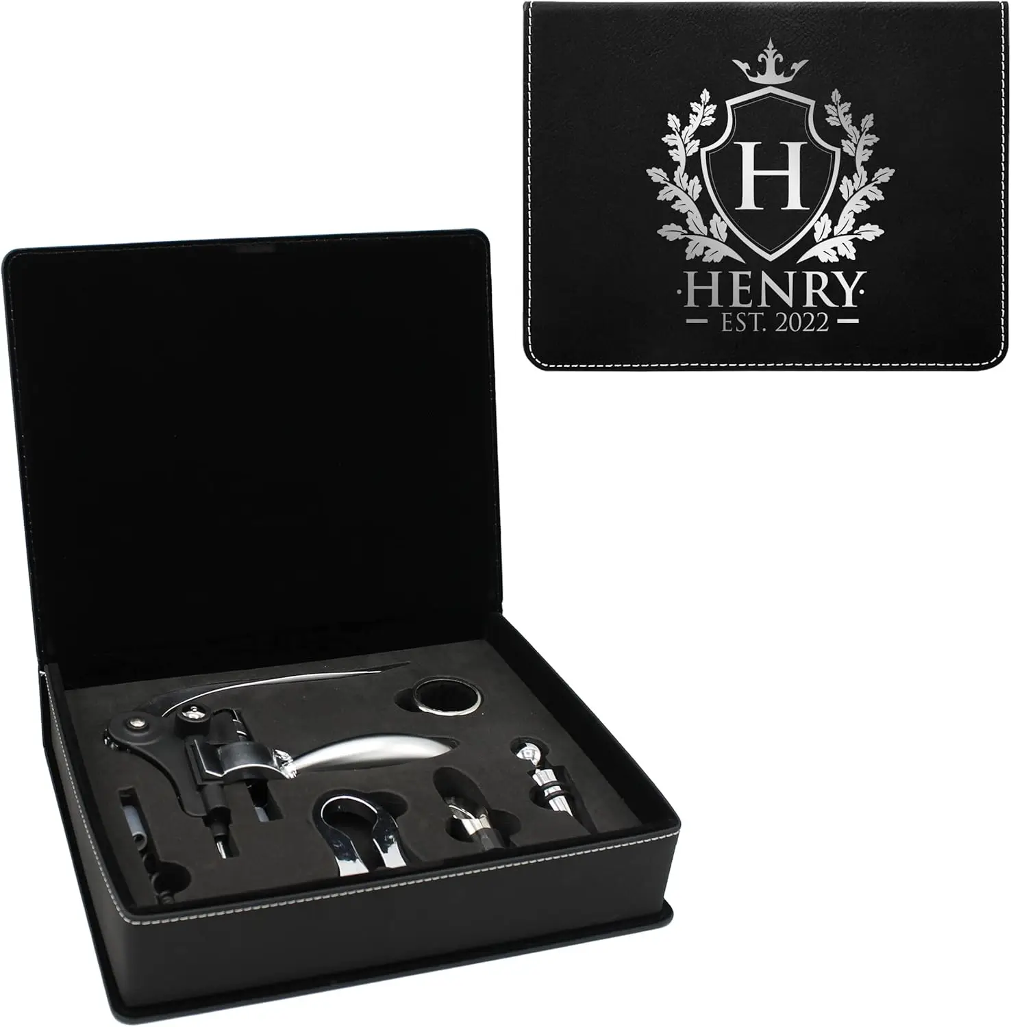 Custom Engraved 5 Piece Wine Tool Opener Accessories Box Set - Customized Wine Lovers For Anniversary, Weddings, And More (Bla