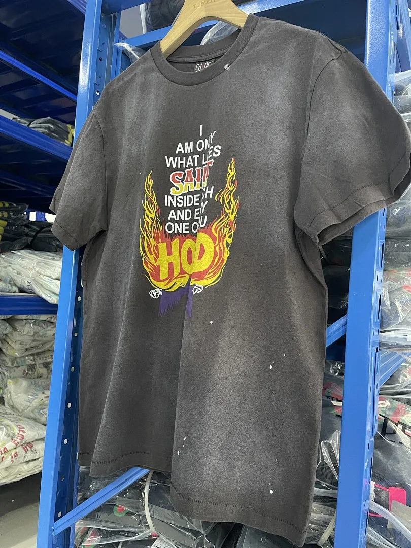 25SS Saint x HOOD Co-branded I AM ONLY WHAT LIVES Printed Women Men T shirts tees Hiphop Casual Men Washed Cotton T shirt
