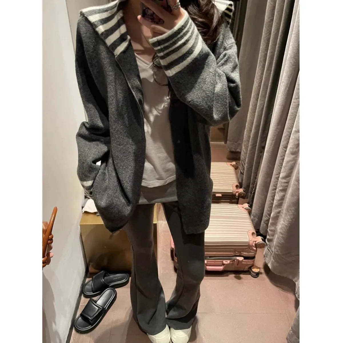 Women Half Zip Lapel Striped Cuff Knitted Sweater Casual Long Sleeve Pullover Autumn Winter Warm Comfortable Daily Wear Top view 4