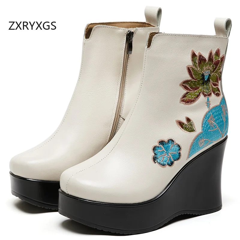 

ZXRYXGS сапоги из воловьей кожи с вышивкой сверху, модная обувь, женские ботинки на танкетке на толстой подошве, осенне-зимние ботинки на высоком каблуке, 2025 г.