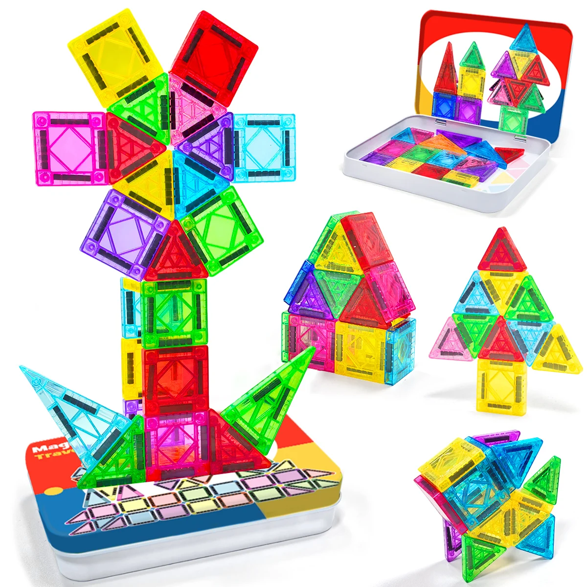 ชุดตัวต่อแม่เหล็ก 62 ชิ้น ชุดก่อสร้าง DIY ของเล่นเสริมพัฒนาการแบบมอนเตสซอรี่ สำหรับเด็กอายุ 3 ปีขึ้นไป พร้อมกล่องเหล็ก
