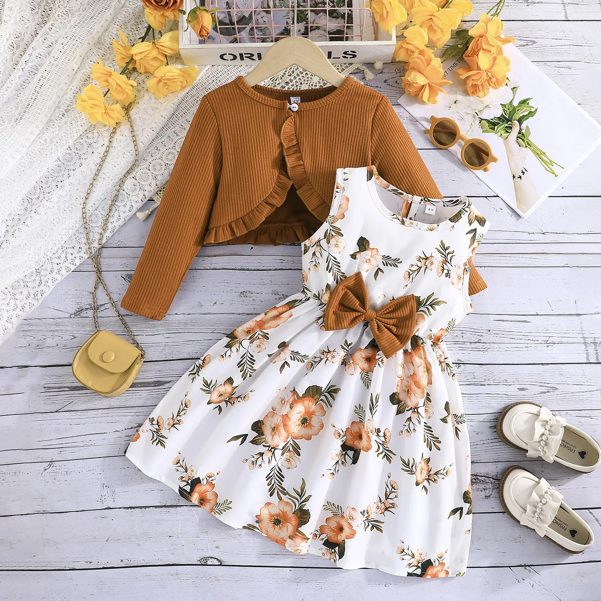 Vestido para niñas de 3 a 8 años, abrigo de manga larga, vestidos florales de princesa, conjunto de ropa infantil para niños pequeños, ropa de moda para niños de verano
