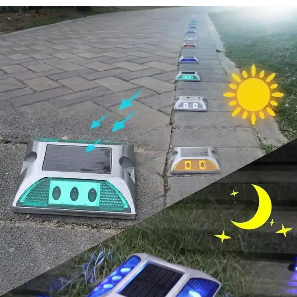 مسمار الطريق الشمسي عالي الوضوح - ضوء تحذير LED من الألومنيوم المضاد للانزلاق لسلامة المرور/المشاة الخارجية