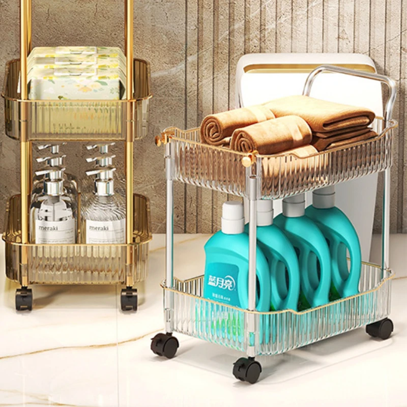 2 Tier Transparent Organizers Storage Rack Household Cart with Wheels Kitchen Home Accessories Mobile Rack Trolley Bookshelf