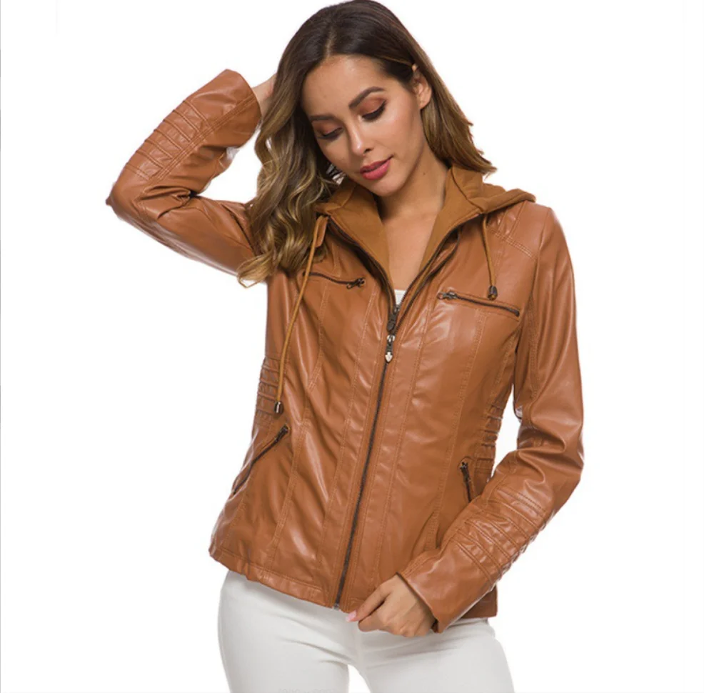 Hot Autumn and Winter women\'s leather jacket with zipper motorcycle leather jacket short paragraph PU jacket large size coat 7XL