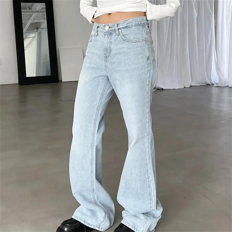 

Slimming Light Blue Bell Bottom Jeans Women's Long Pants Casual High Waist Denim High Waist Wide Leg Trousers Straight Leg