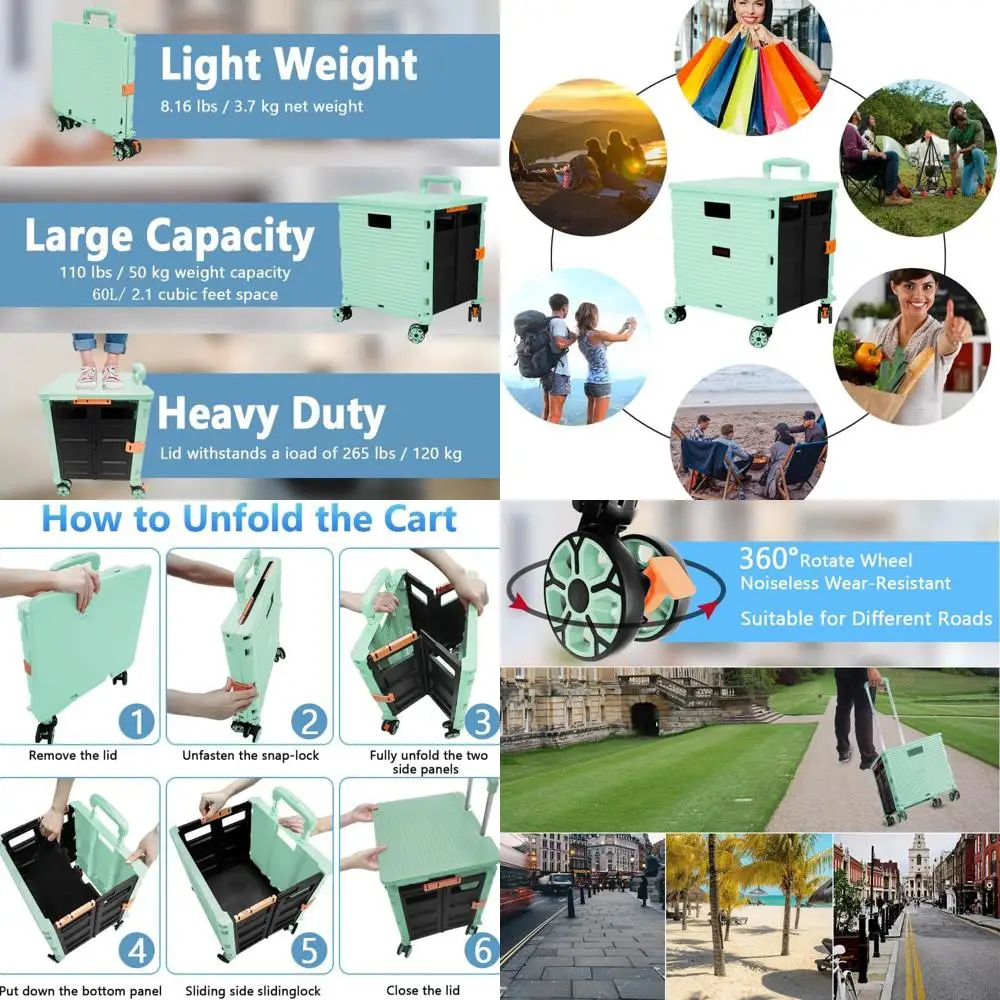 

Folding Portable Rolling Crate with Telescoping Handle and 4 Rotating Wheels for Travel, Shopping, and Office Use (Green)