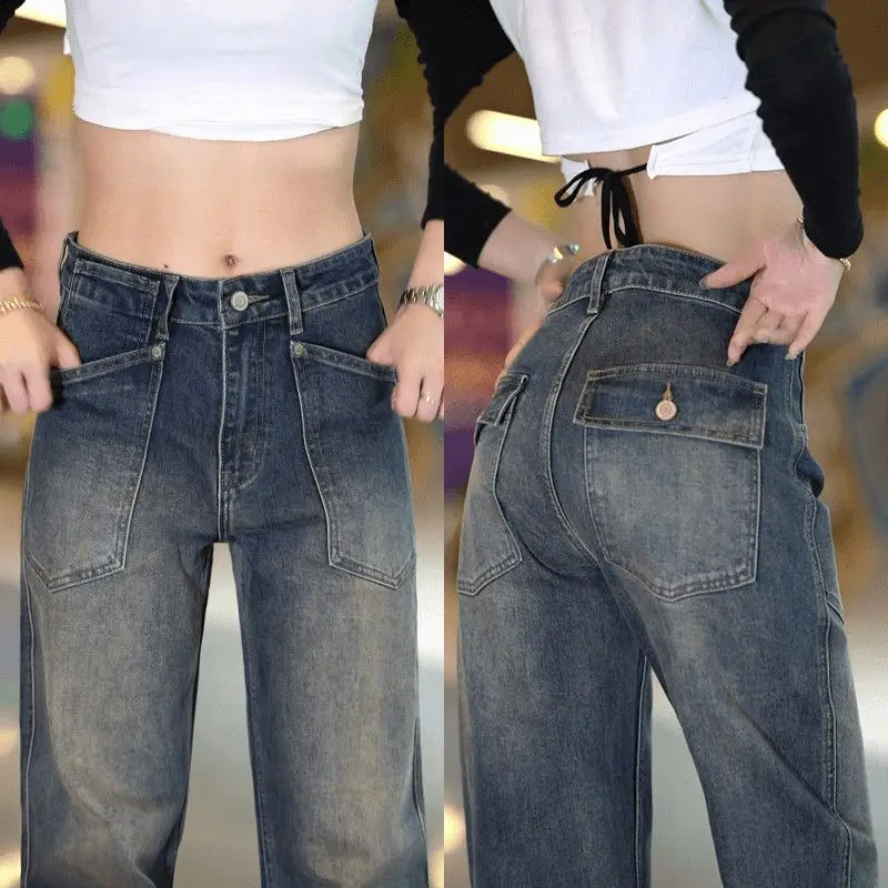 

Retro American Style Men's Jeans Trendy Loose Straight Leg Long Pants Spring Autumn Casual Wear Multi Pocket Splicing Stitching