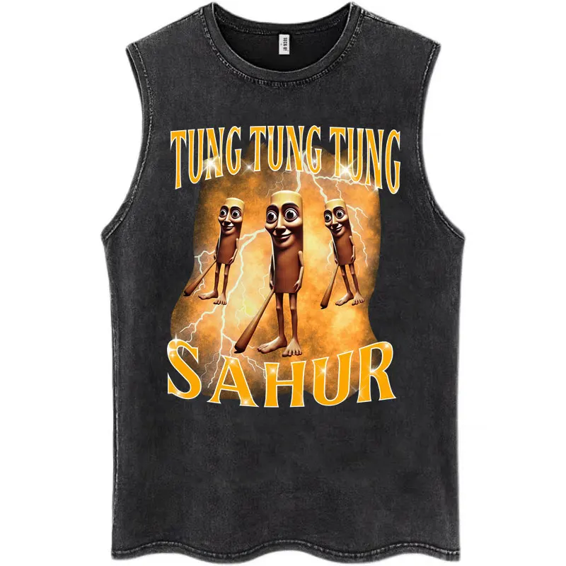 

Funny Tung Tung Tung Sahur Baseball Bat Meme Washed Tank Tops Men Women Sleeveless T-Shirt Loose Cotton Italian Brainrot T Shirt