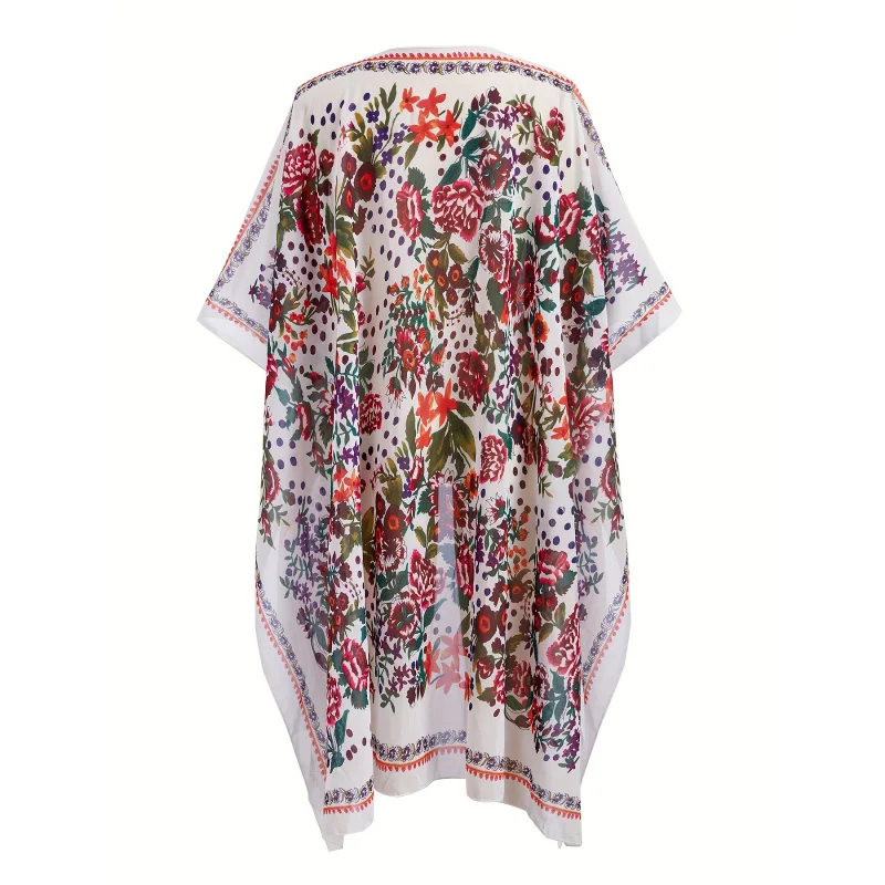 MOXDO Open-Front Beach Resort-Style Printed Chiffon Bikini for Sun Protection at the Beach, Pool, and Seaside