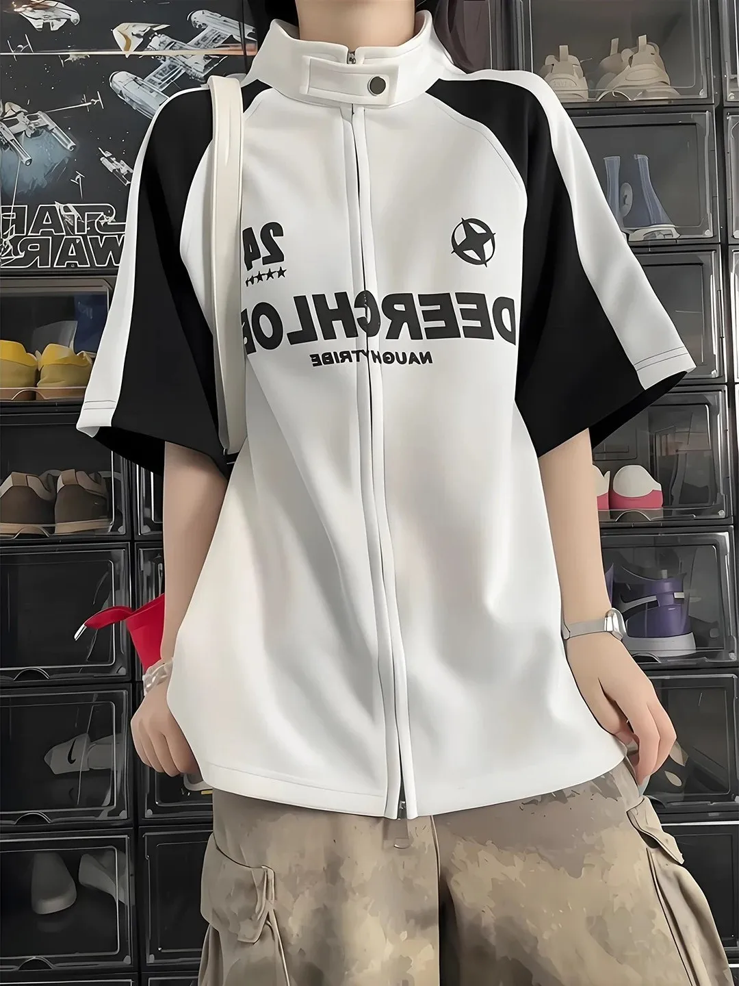 American Style Motorcycle Black White Splicing Short Sleeve Shirt Men's Summer Double Zipper Design Open Cardigan Half Sleeve...