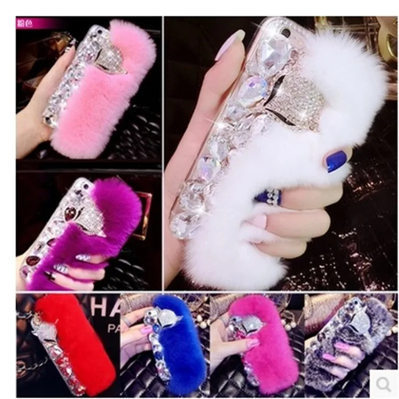 

LaMaDiaa-Luxury Bling Diamond Fox Rhinestone Rabbit Fur Phone Case for iPhone, 14Pro, 15 Max, 7, 8 Plus, 11, 12, 13, 14, 15Pro